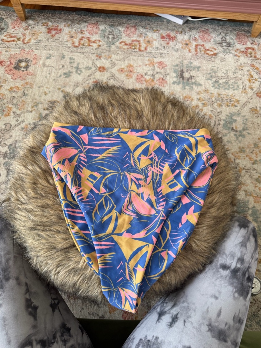 Skatie Blue Bikini Bottoms with Pink and Yellow Leaf Print